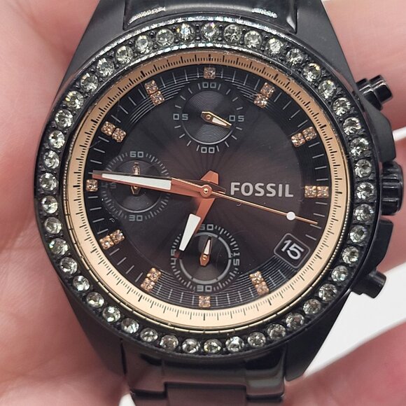 FOSSIL Women's Decker Watch Black Rhinestone Gold Tone - Picture 1 of 13